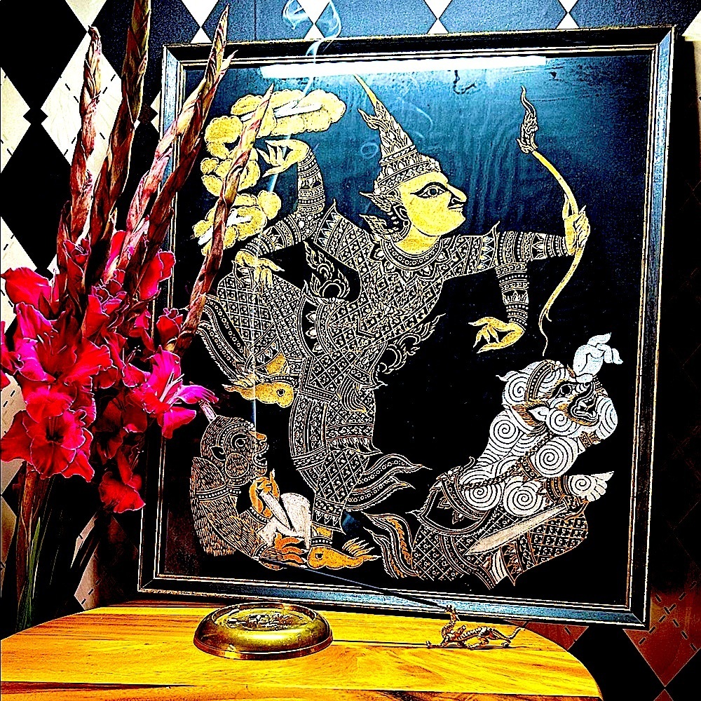 Large‎ Thai Temple Silk Art 20" Framed Gold and Black Vintage Collectible Asian
